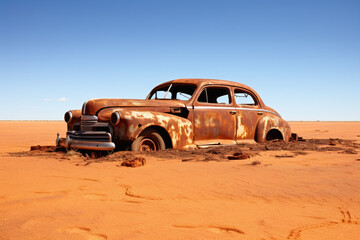 Fototapeta na wymiar A vintage car rotting next to a sandy road.