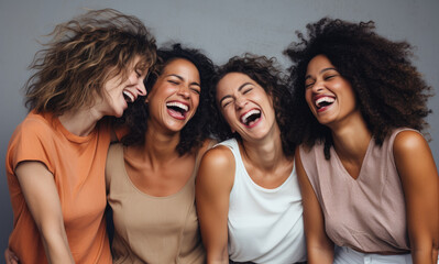women laughing smiling on a grey background, in the style of vibrant colorism, white background, energetic and bold