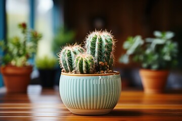 Cactus in a pot on a wooden table. Selective focus. Cactus. Potted Plant Concept with Copy Space.