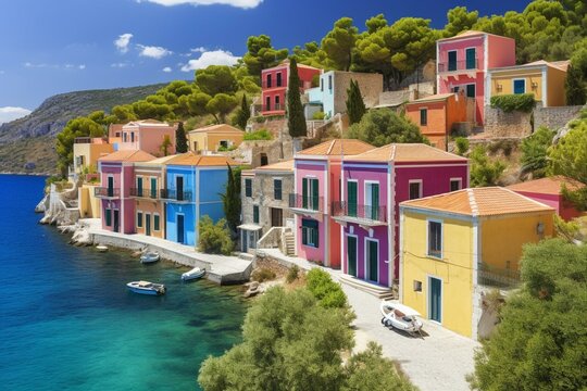 Colorful Assos village in Kefalonia, Greece. Generative AI
