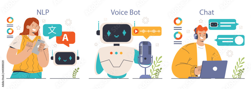 Sticker chat bot set. online communication with artificial intelligence. virtual