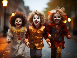 Happy children in Halloween costumes running the street