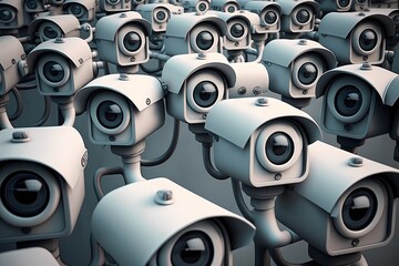 Many CCTV security surveillance cameras. Dystopian big brother spy and monitoring control concept. Mass equipments cam and lenses 2030 agenda govern control. stress and excess concept. Generative AI - obrazy, fototapety, plakaty
