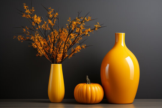 Still life with autumn flowers and pumpkin decor. Mockup photo created with Generative Ai technology