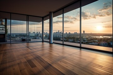 Empty luxury penthouse apartment with glass front and a beautiful view.
