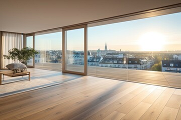 Empty luxury penthouse apartment with glass front and a beautiful view.