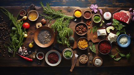 Charming food blog image. A vibrant display of a rustic wooden table, surrounded by an array of fresh, fragrant herbs and spices