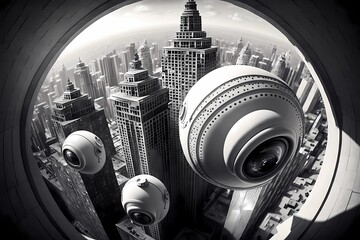 Surveillances cameras monitoring busy city street in dystopia. Security camera against cityscape downtown buildings and towers background. Aerial mass surveillance big brother concept. Generative AI