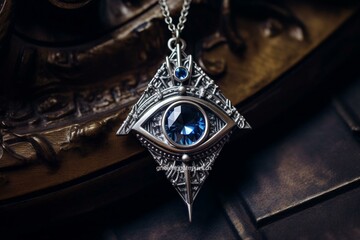 A protective triangular charm featuring a vivid blue eye to ward off the evil eye. Generative AI