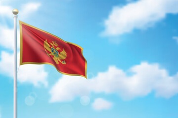 Waving flag of Montenegro on sky background. Template for independence