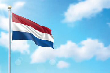 Waving flag of Netherlands on sky background. Template for independence