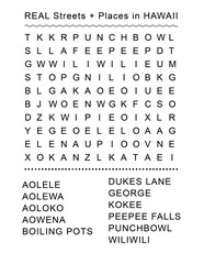 REAL STREETS/PLACES in HAWAII - fun word search puzzle game - clear large accessible letters - transparent for use in projects