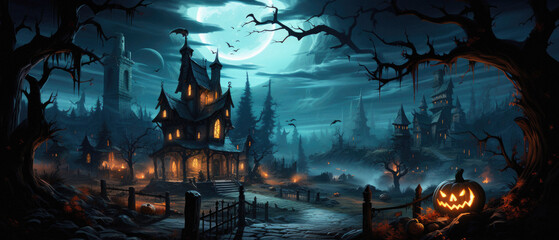 Happy Halloween background spooky scene, creepy dark night with moon, pumpkins and spooky trees on graveyard ghosts horror gothic evil cemetery landscape. Mysterious night moonlight backdrop.