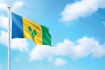 Waving flag of Saint Vincent and the Grenadines on sky background. Template for independence