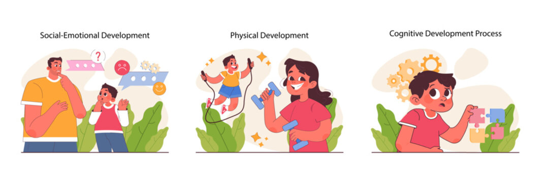 Child development set. Cognitive, physical and emotional skills. Positive