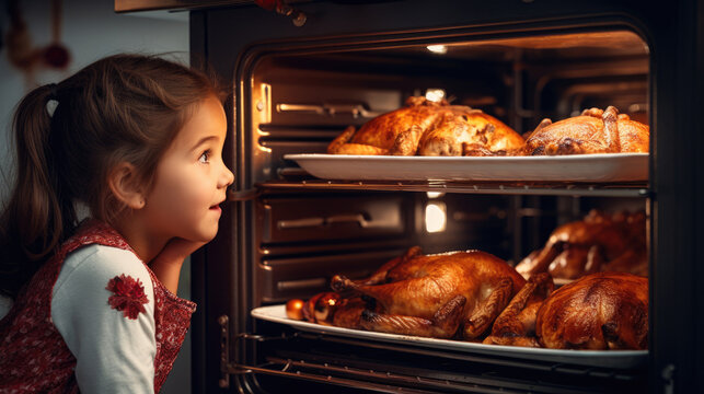 A girl looks at a cooked juicy thanksgiving turkey. The turkey is baked in oven