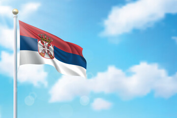 Waving flag of Serbia on sky background. Template for independence