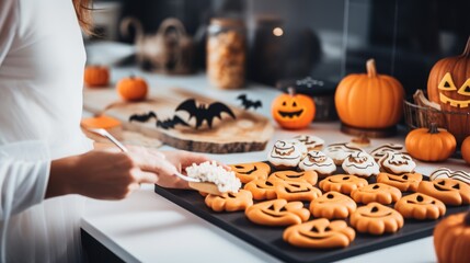 Woman preparing for Halloween and cooking yummy halloween cookies