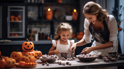 Fototapeta premium Mother and her daughter preparing for Halloween. Mum and child cooking