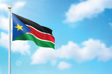 Waving flag of South Sudan on sky background. Template for independence