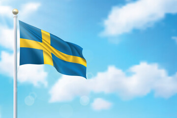 Waving flag of Sweden on sky background. Template for independence