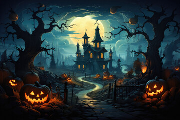 Happy Halloween background spooky scene, creepy dark night with moon, pumpkins and spooky trees on graveyard ghosts horror gothic evil cemetery landscape. Mysterious night moonlight backdrop.