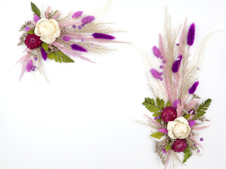 Flatley of natural flowers pink and white on white background, top view, space for text. Decor, welcome card. High quality photo