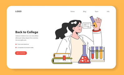 College science lab web banner or landing page. Female chemical student