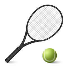 Vector 3d Realistic Tennis Ball and Tennis Racquet Closeup Isolated on White Background. Design Templates, Tennis Sports Equipment