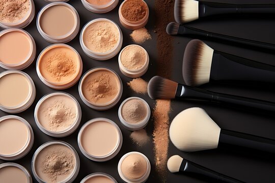Flat lay composition with various of makeup face powders and brushes on black background. Cosmetic set of various shades of face bronzer or blusher and compact powder brown nude smudge. Beauty concept