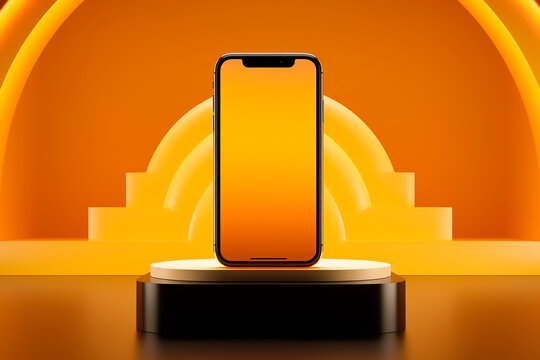 celular para mockup em pedestal com fundo laranja 3d render