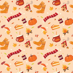 Seamless pattern for autumn season with pumpkin, latte. Autumn cozy seamless pattern with pumpkins and leaves. Vector illustration, hygge style