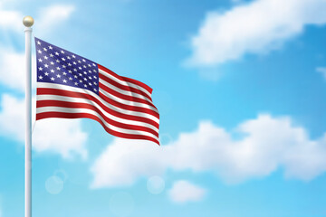 Waving flag of United States on sky background. Template for independence