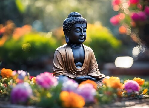 A serene Buddha meditates and prays in a meadow of flowers.