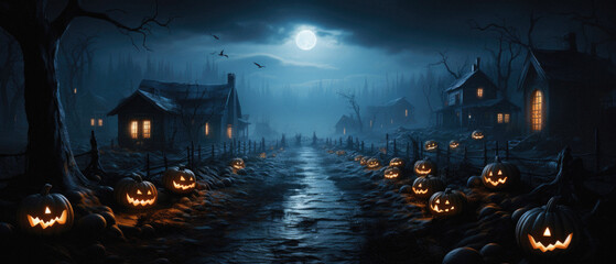 Halloween spooky background, scary pumpkins in old big creepy Happy Haloween ghosts horror house evil haunted castle scene. Creepy dark gothic mysterious night dark backdrop concept.