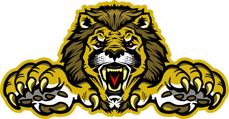 roaring lion mascot with claws for school, college or league sports