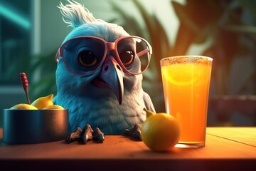 A bird sitting at a table with sunglasses and drinks - obrazy, fototapety, plakaty