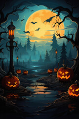 Fototapeta premium Halloween spooky background, scary jack o lantern pumpkins in creepy dark forest with bats, spooky trees, moon and old house Happy Haloween ghosts horror gothic mysterious night moonlight backdrop.