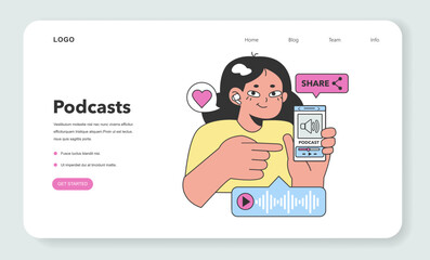 Podcast web banner or landing page. Character listening to or recording