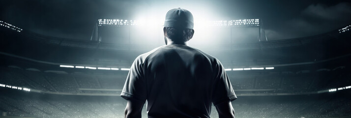 Baseball player in dark stadium with spotlights 