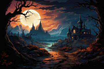 Fototapeta premium Happy Halloween spooky scary moon night scene horror landscape background. Creepy dark forest woods trees, moon and Happy Haloween ghosts gothic mysterious sky moonlight gloomy scenery backdrop.