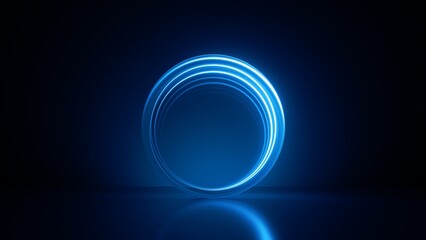 3d render, abstract minimalist neon background. Glowing ring, blue lines inside the translucent glass round box. Modern geometric wallpaper