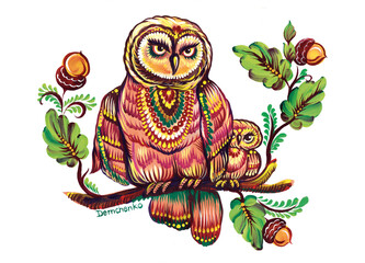 Owl painted in the style of Ukrainian folk art - Petrykivka