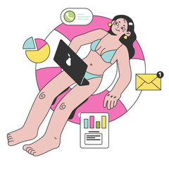 Workcation. Chatacter working away from the office. Digital nomad