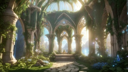 Journey through an ancient elven city adorned with ornate architecture, lush gardens, and glowing crystals rendered in stunning 3D realism transporting you to a magical world where elves thrive in har