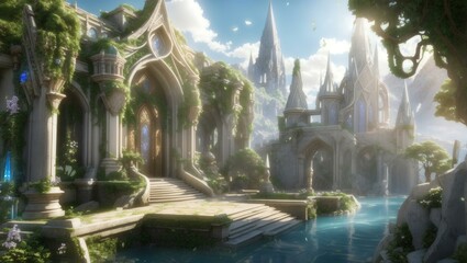 Journey through an ancient elven city adorned with ornate architecture, lush gardens, and glowing crystals rendered in stunning 3D realism transporting you to a magical world where elves thrive in har