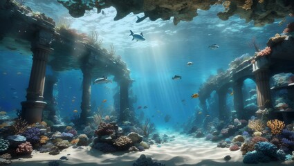 Discover a breathtaking underwater realm teeming with vibrant marine life, coral reefs, and sunken ruins, brought to life with realistic 3D graphics immersing you in a fantastical world beneath the wa - obrazy, fototapety, plakaty