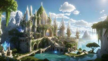 Journey through an ancient elven city adorned with ornate architecture, lush gardens, and glowing crystals rendered in stunning 3D realism transporting you to a magical world where elves thrive in har