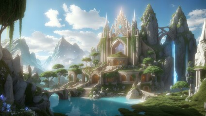 Journey through an ancient elven city adorned with ornate architecture, lush gardens, and glowing crystals rendered in stunning 3D realism transporting you to a magical world where elves thrive in har