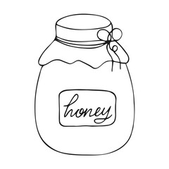 A jar of honey drawn in doodle style. Line drawn natural sweet delicacy. Home made organic healthy food
